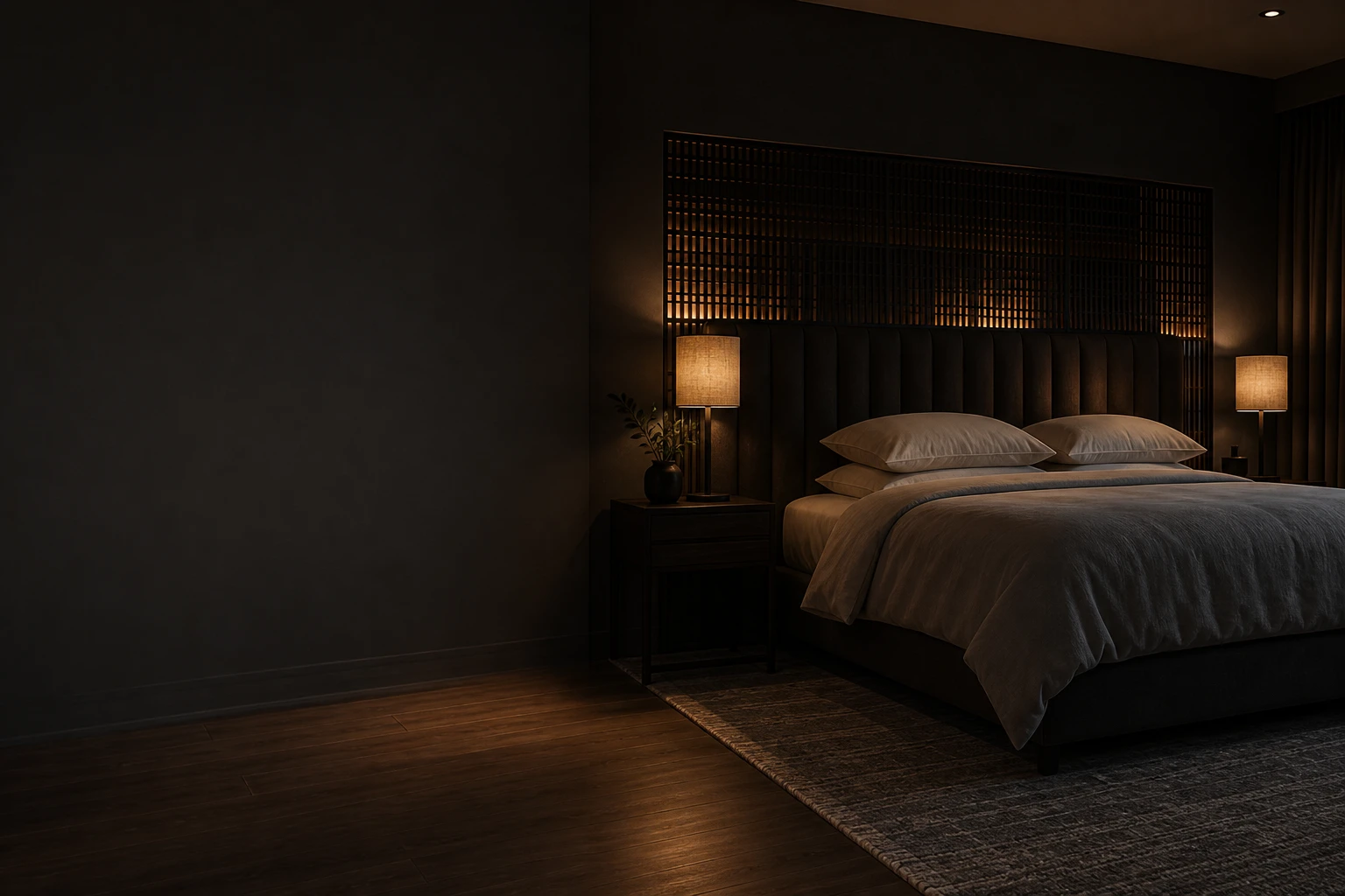 Boutique hotelkamer met zacht licht en luxe bed