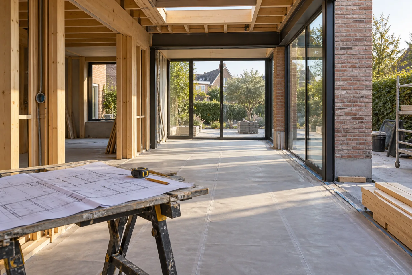Illustratief sfeerbeeld van een woninguitbreiding in aanbouw met houten constructie, glas en een werkbank.