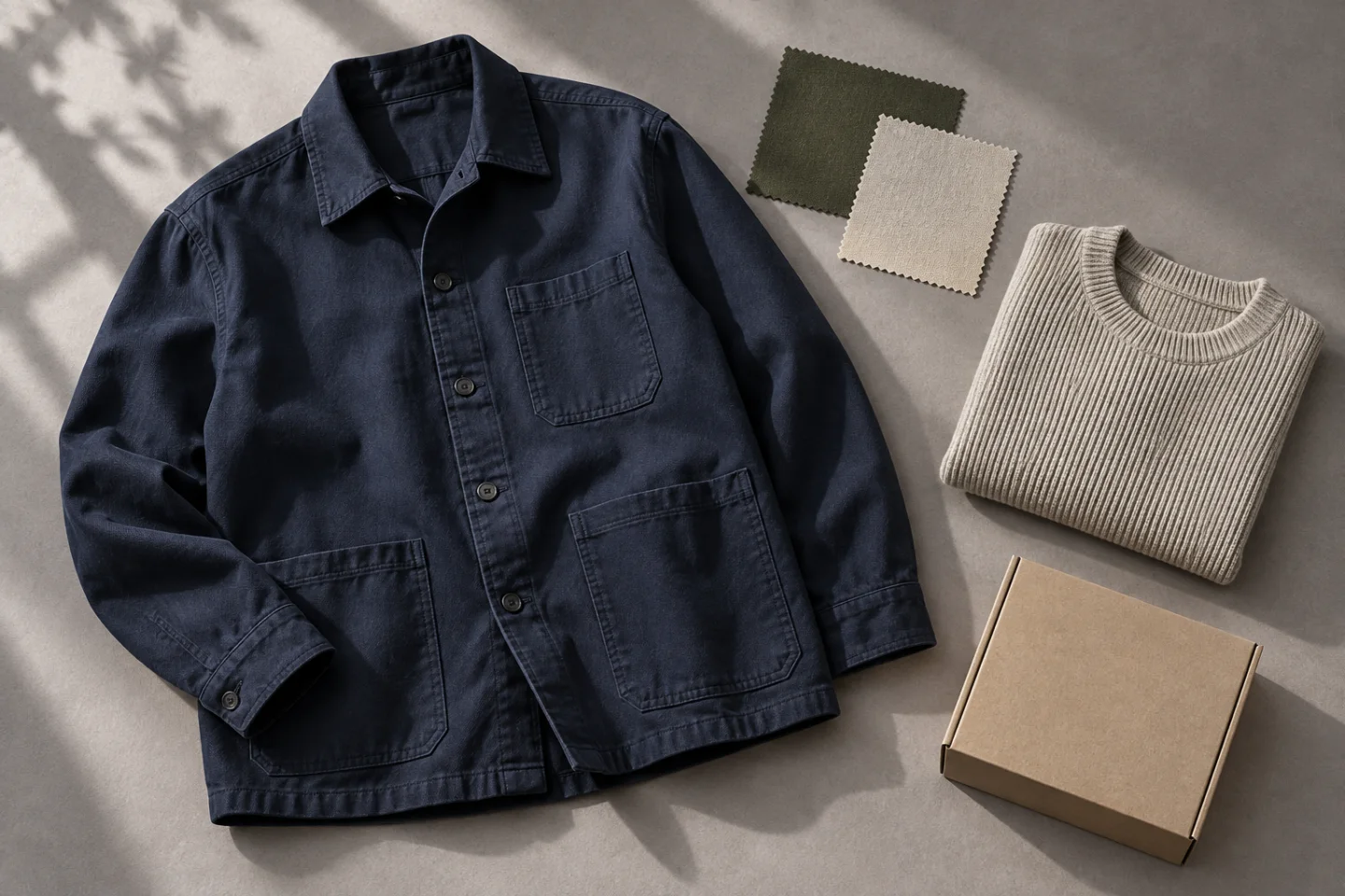Illustratieve productcompositie met een overshirt, breiwerk, stofstalen en een verzenddoos.