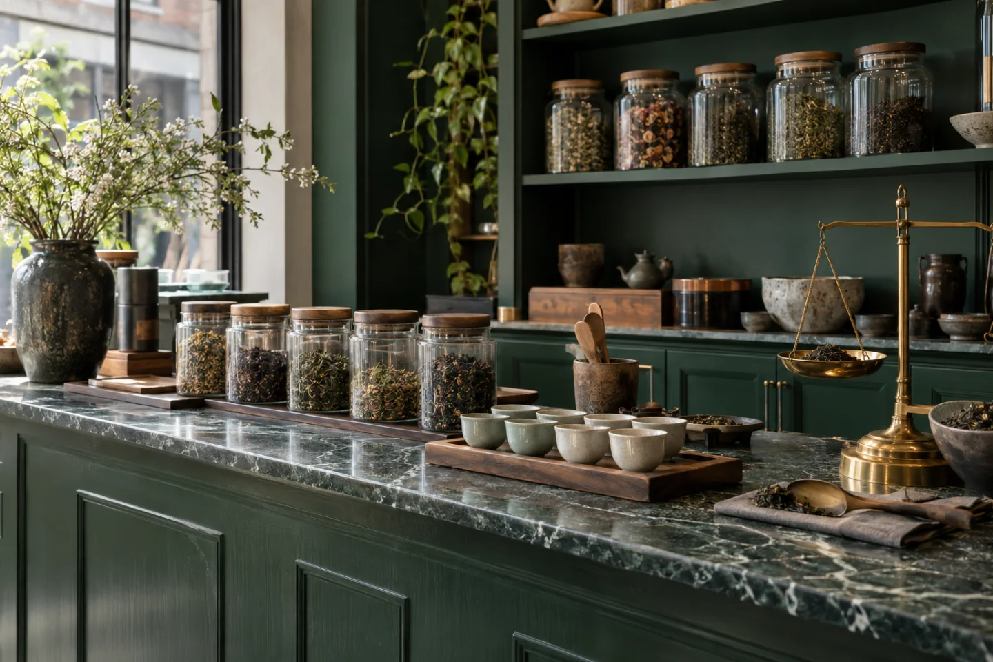 Theewinkel met losse thee, keramische kopjes en een weegschaal.