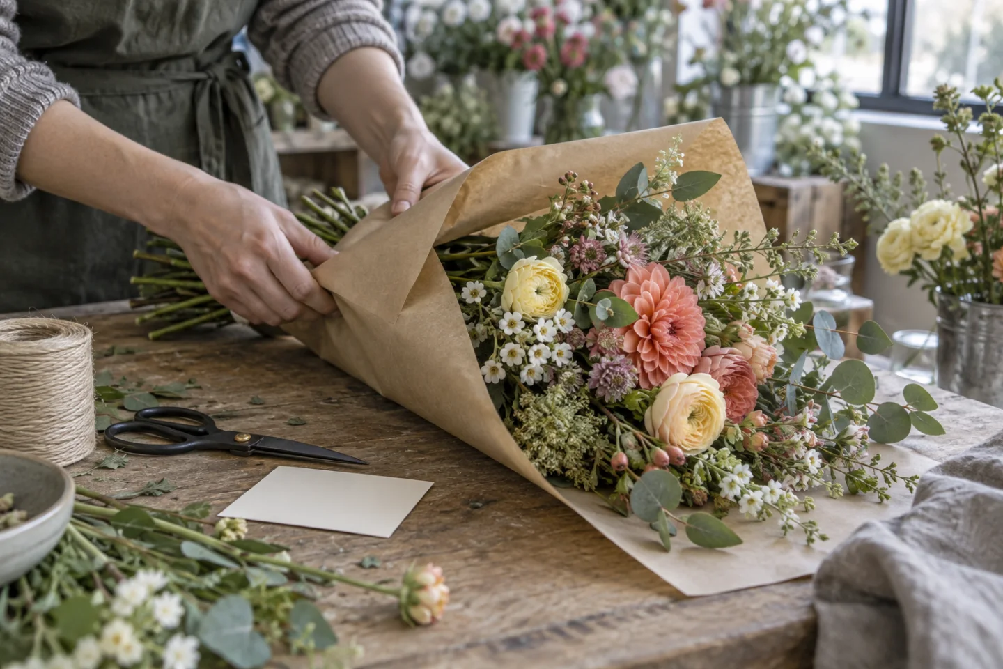 Illustratief beeld van een boeket dat in een bloemenwerkplaats wordt ingepakt.