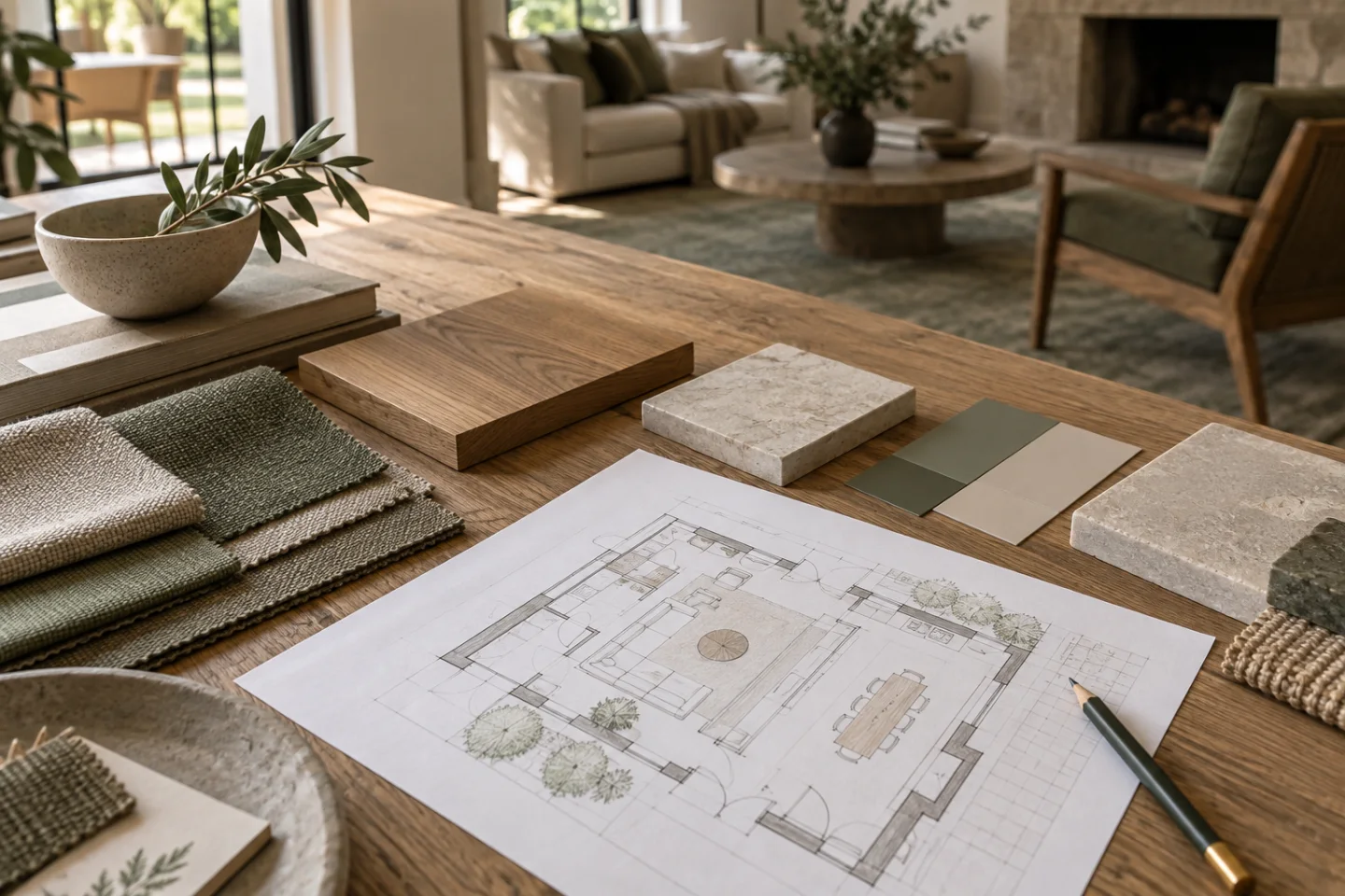 Illustratief beeld van materiaalstalen en een interieurplattegrond op een werktafel.