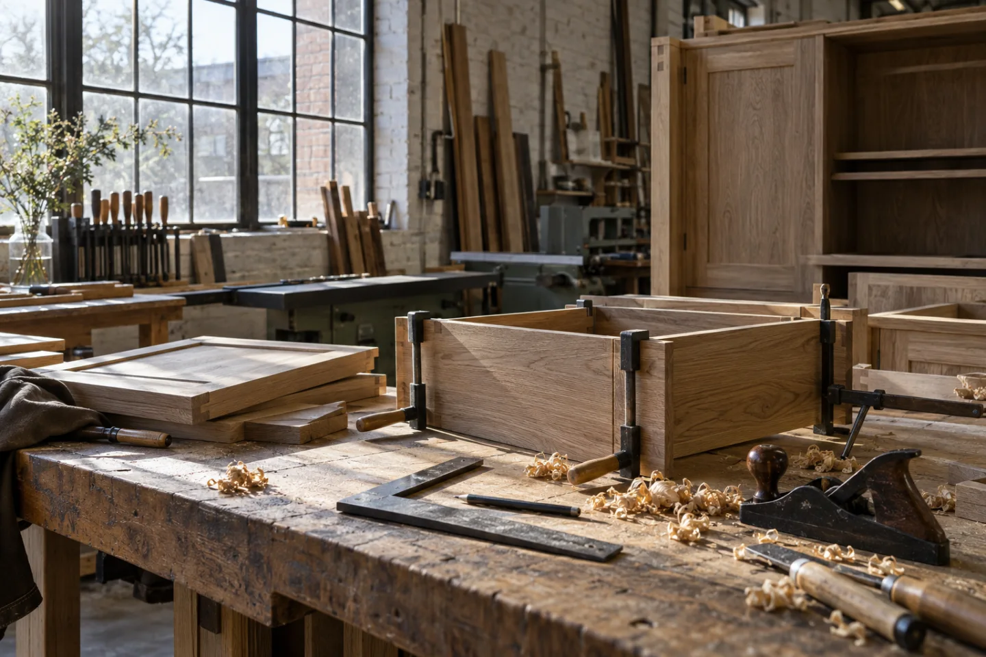Houten kastonderdelen op een werkbank in een meubelatelier.