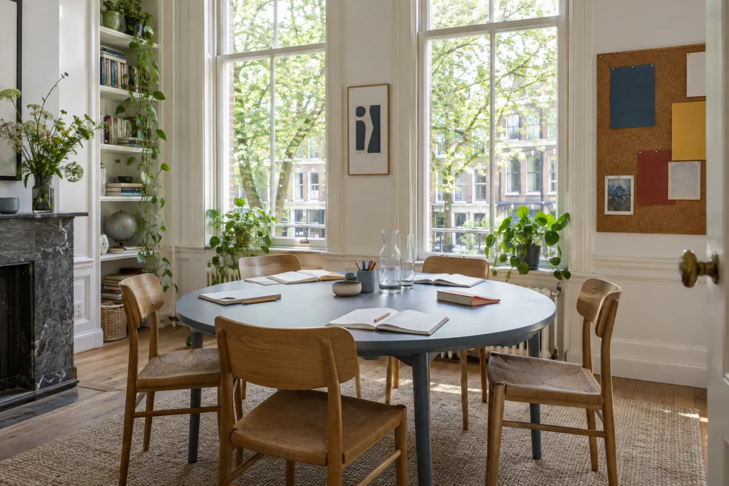 Licht leslokaal met een ronde blauwe tafel, notitieboeken en houten stoelen.