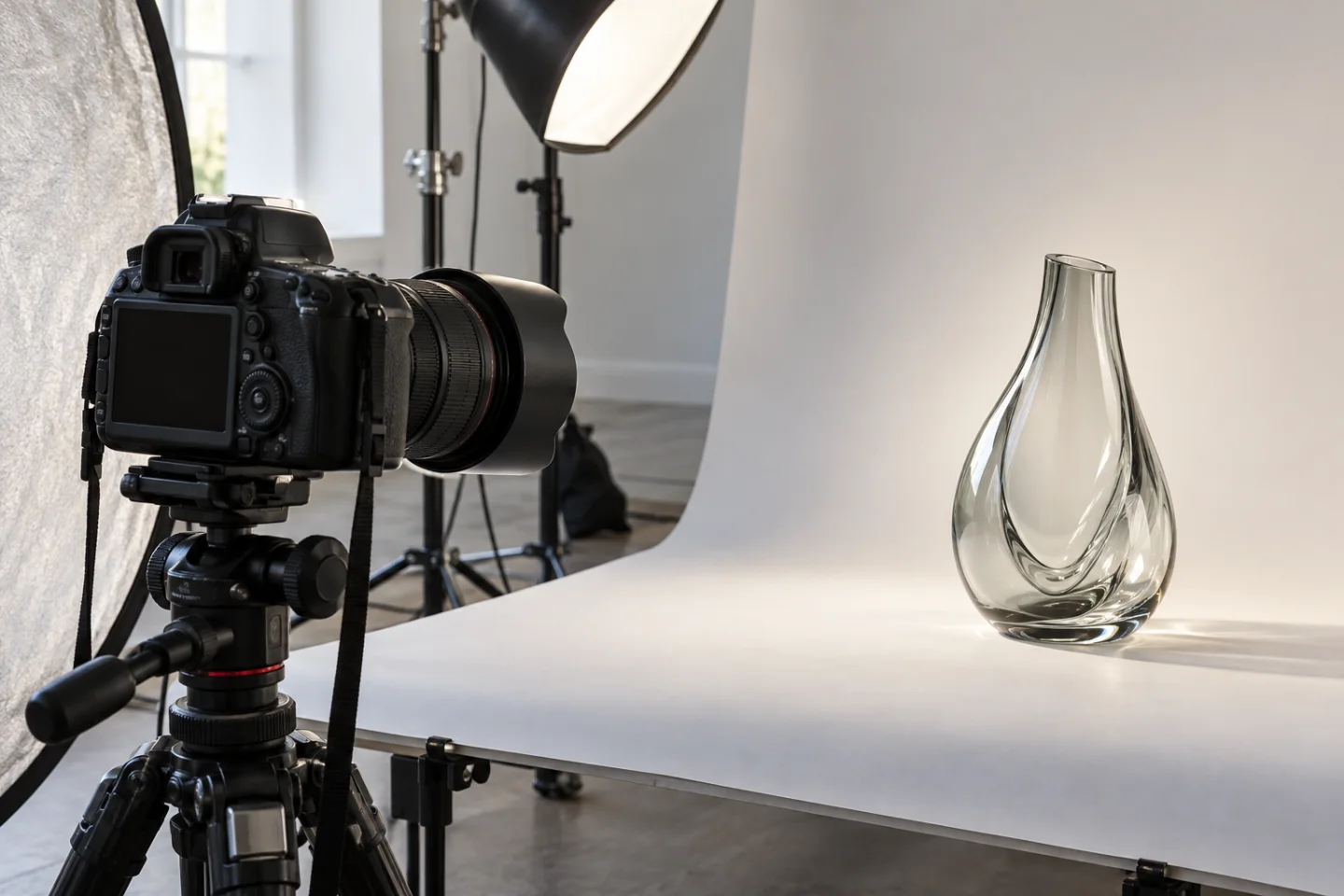 Illustratief beeld van een camera op statief in een productfotografiestudio.