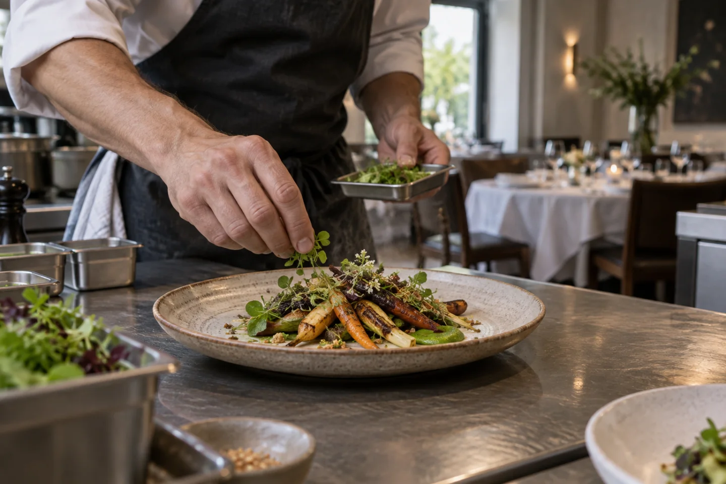 Illustratief sfeerbeeld van een chef die een gerecht afwerkt aan de uitgifte van een restaurant.