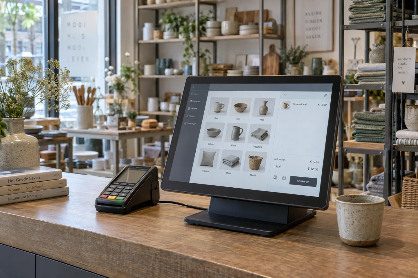 Illustratief beeld van een kassascherm met winkelmand en betaalterminal in een woonwinkel.
