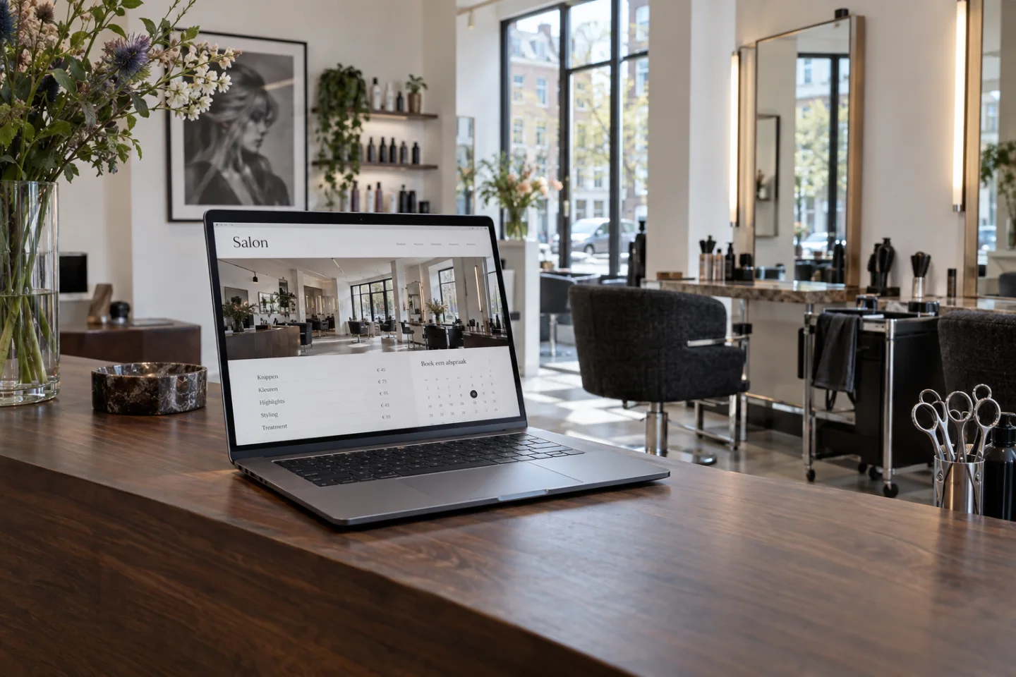 Illustratief sfeerbeeld: laptop met een salonwebsite en boekingskalender op de receptiebalie van een kapsalon.