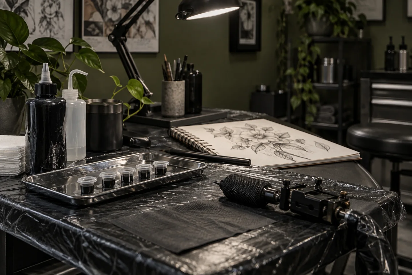 Illustratief beeld van een tattoowerkplek met een machine en een botanische schets.