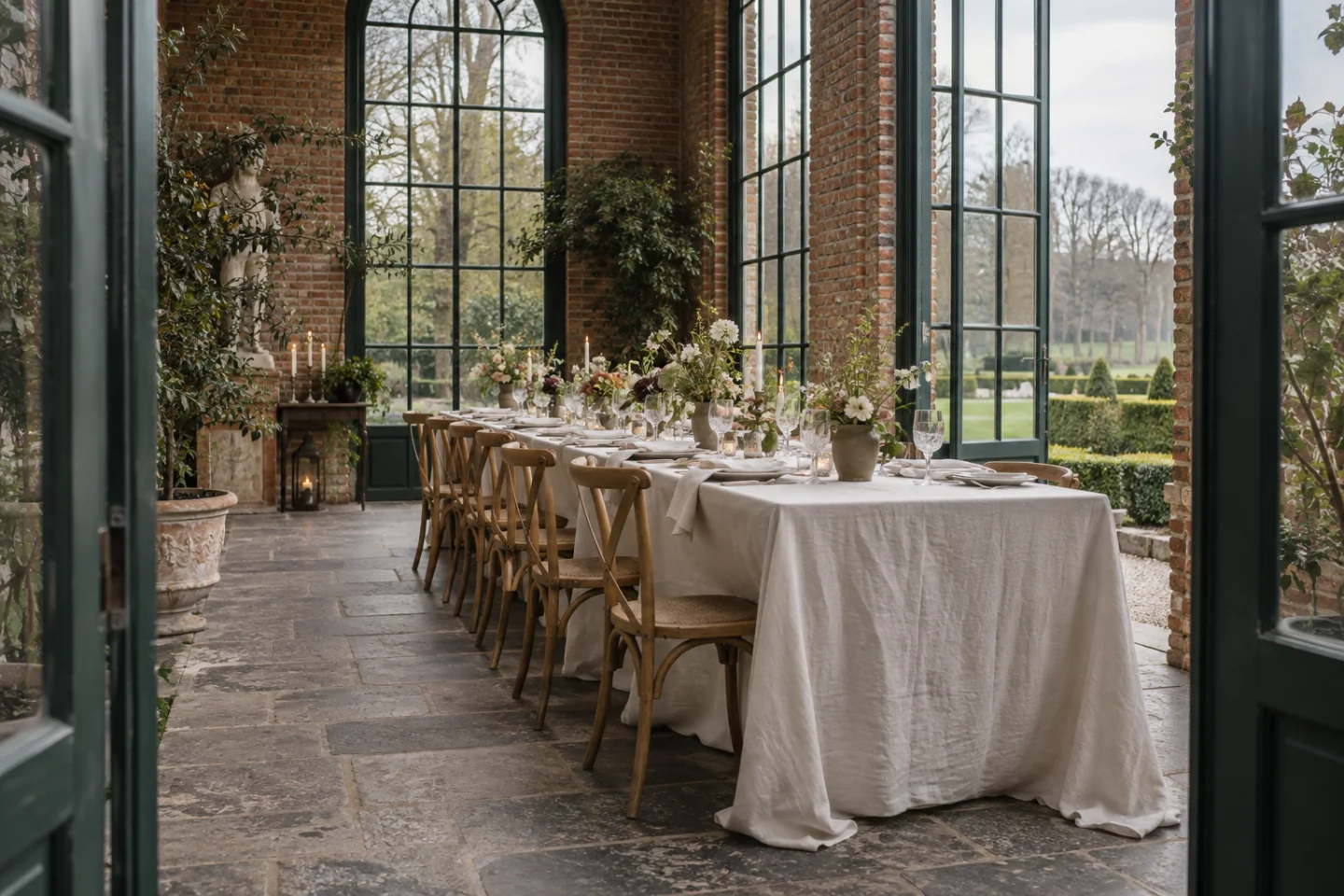 Gedekte dinertafel in een lichte oranjerie met bakstenen muren en uitzicht op een tuin.